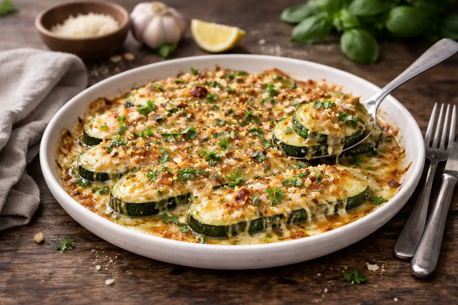 Gratin de courgettes doré sorti du four dans un plat en céramique