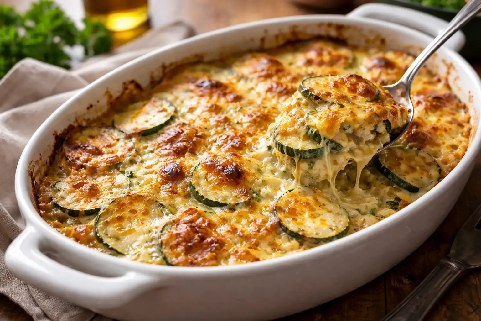 gratin de courgettes doré et crémeux dans un plat au four