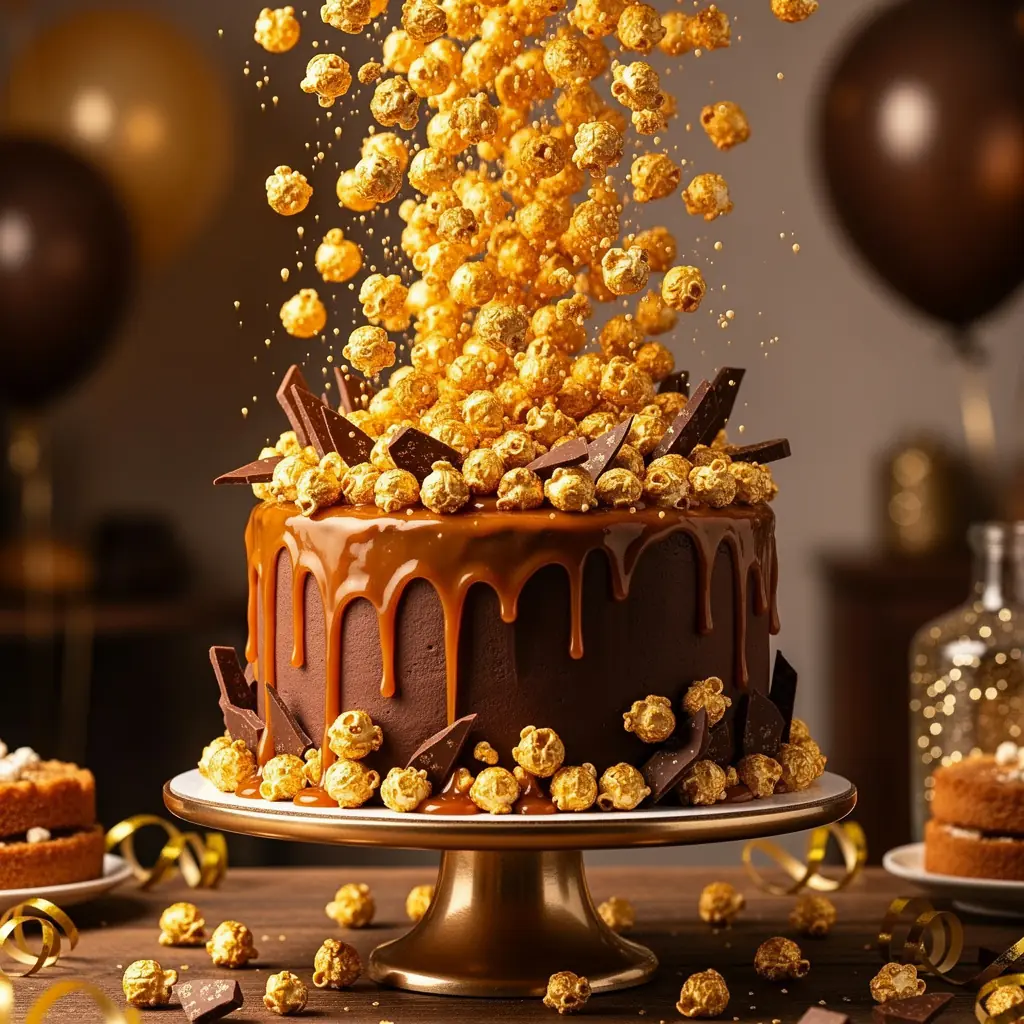 Gravity cake décoré de pop-corn caramélisé donnant un effet de cascade