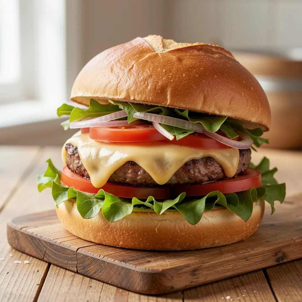 Hamburger maison avec steak, fromage, salade et tomate dans un pain brioché