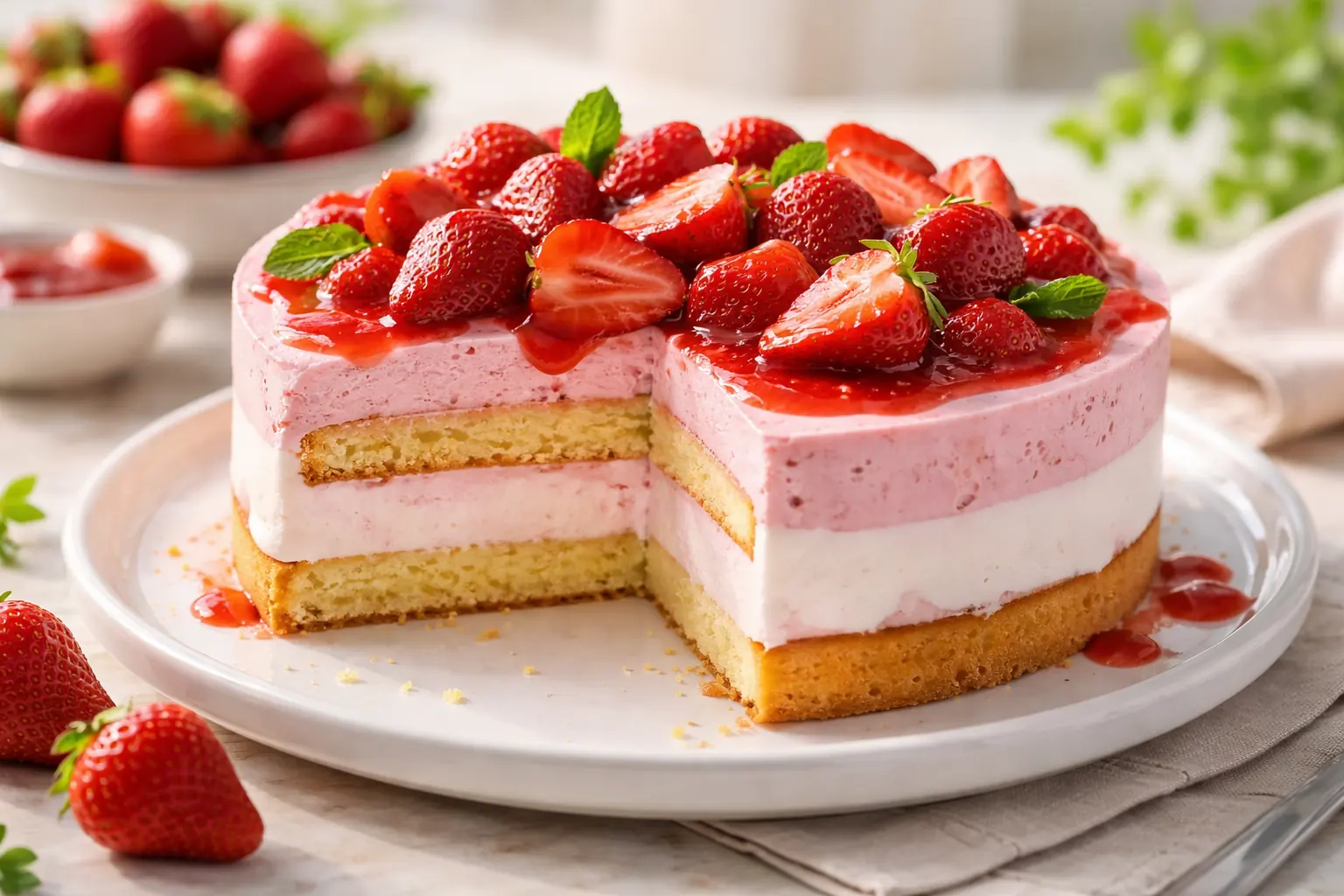 gâteau glacé à la fraise avec couches de génoise et glace