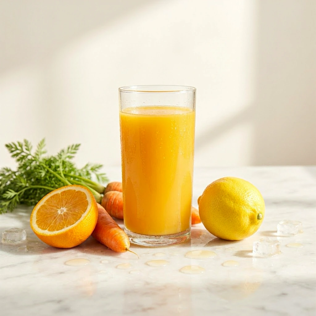 Verre de jus ACE frais à base d’orange, carotte et citron avec couleur orangée lumineuse