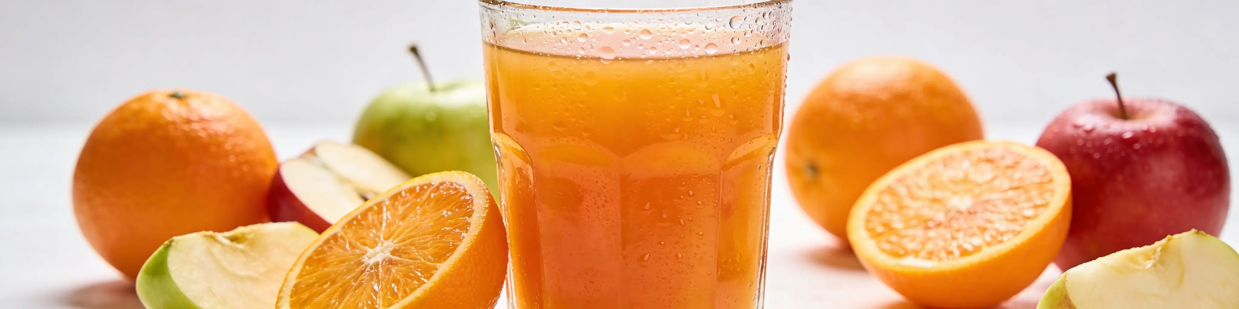 Verre de jus de fruits frais coloré avec oranges, pommes et fruits pressés