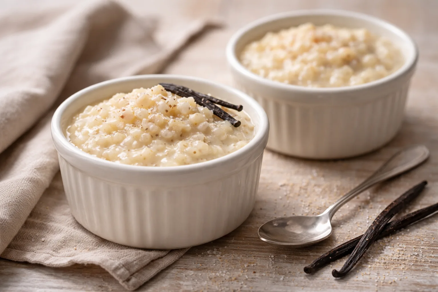 Riz au lait crémeux à la vanille dans des ramequins, texture onctueuse et gourmande