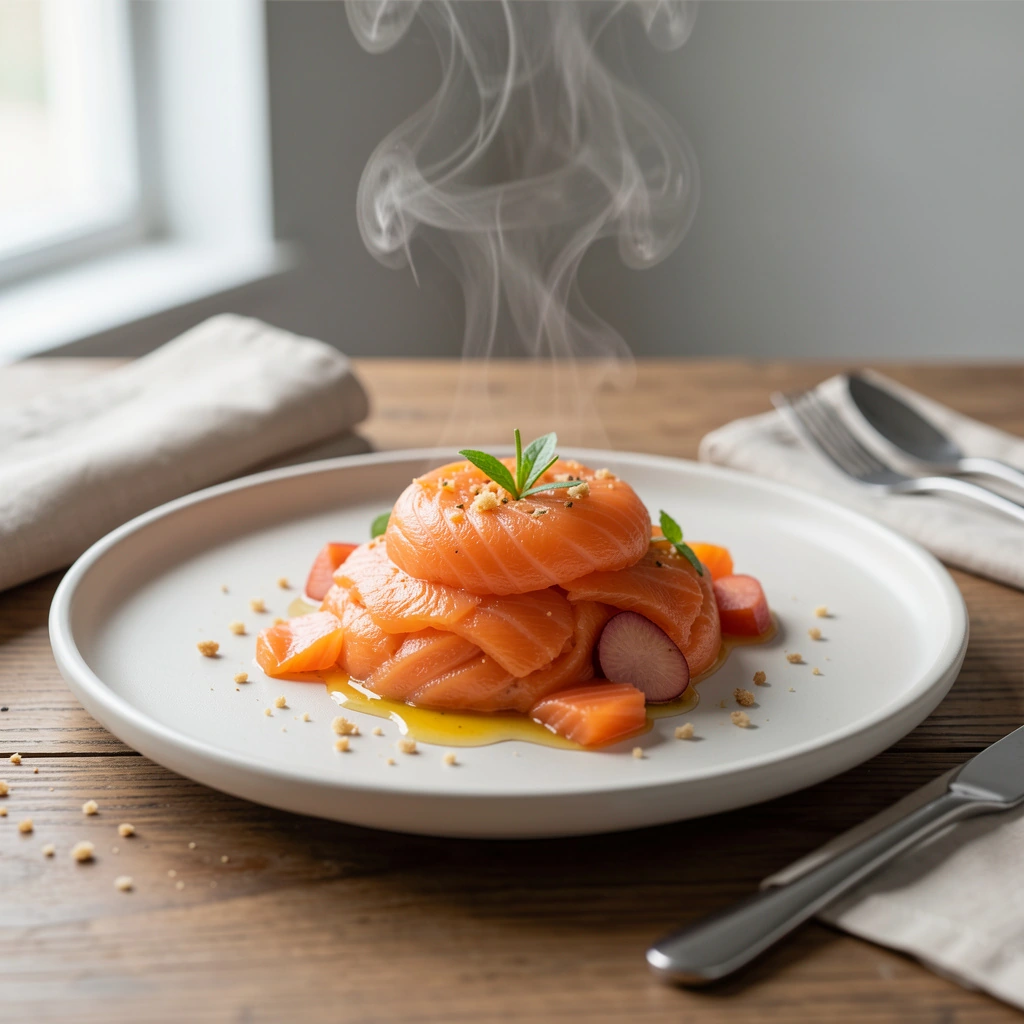 Mousse de saumon onctueuse dressée avec herbes fraîches