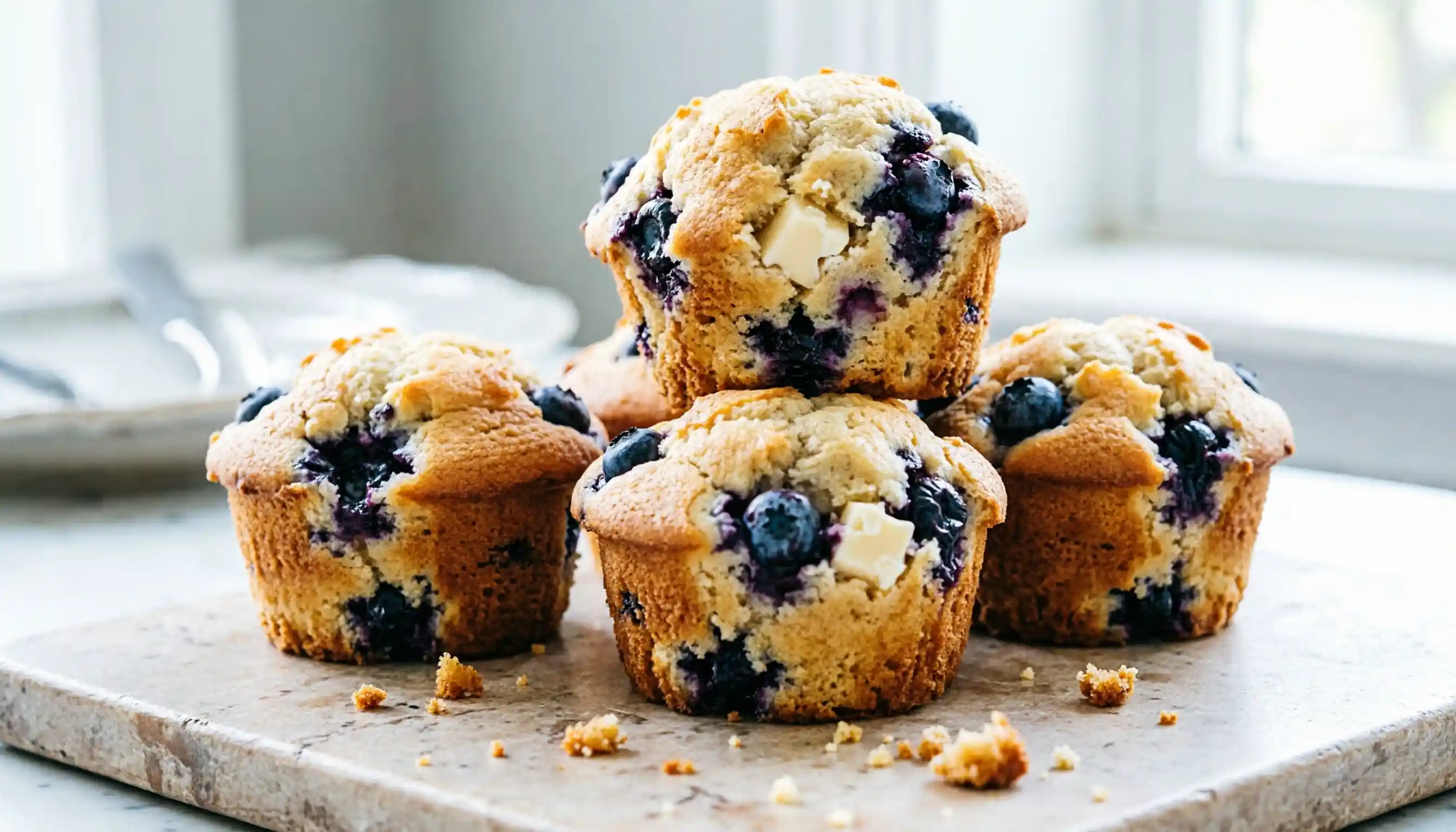 Muffins moelleux aux myrtilles et chocolat blanc sur une assiette