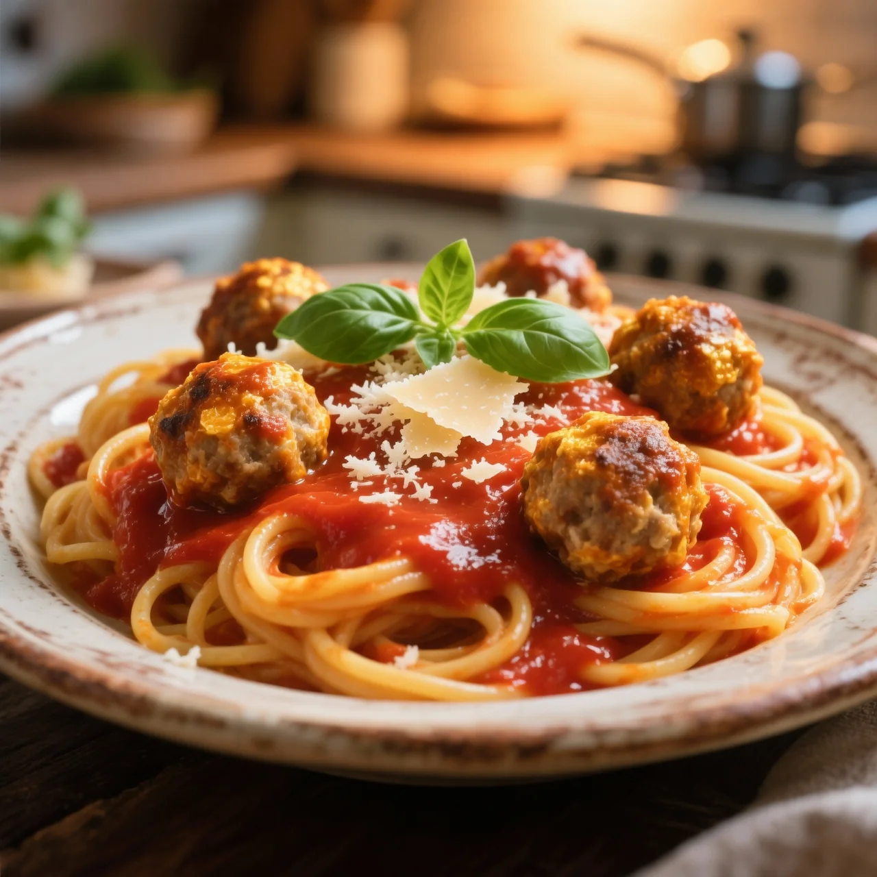 Nids de spaghetti à la sauce tomate avec boulettes de viande et parmesan
