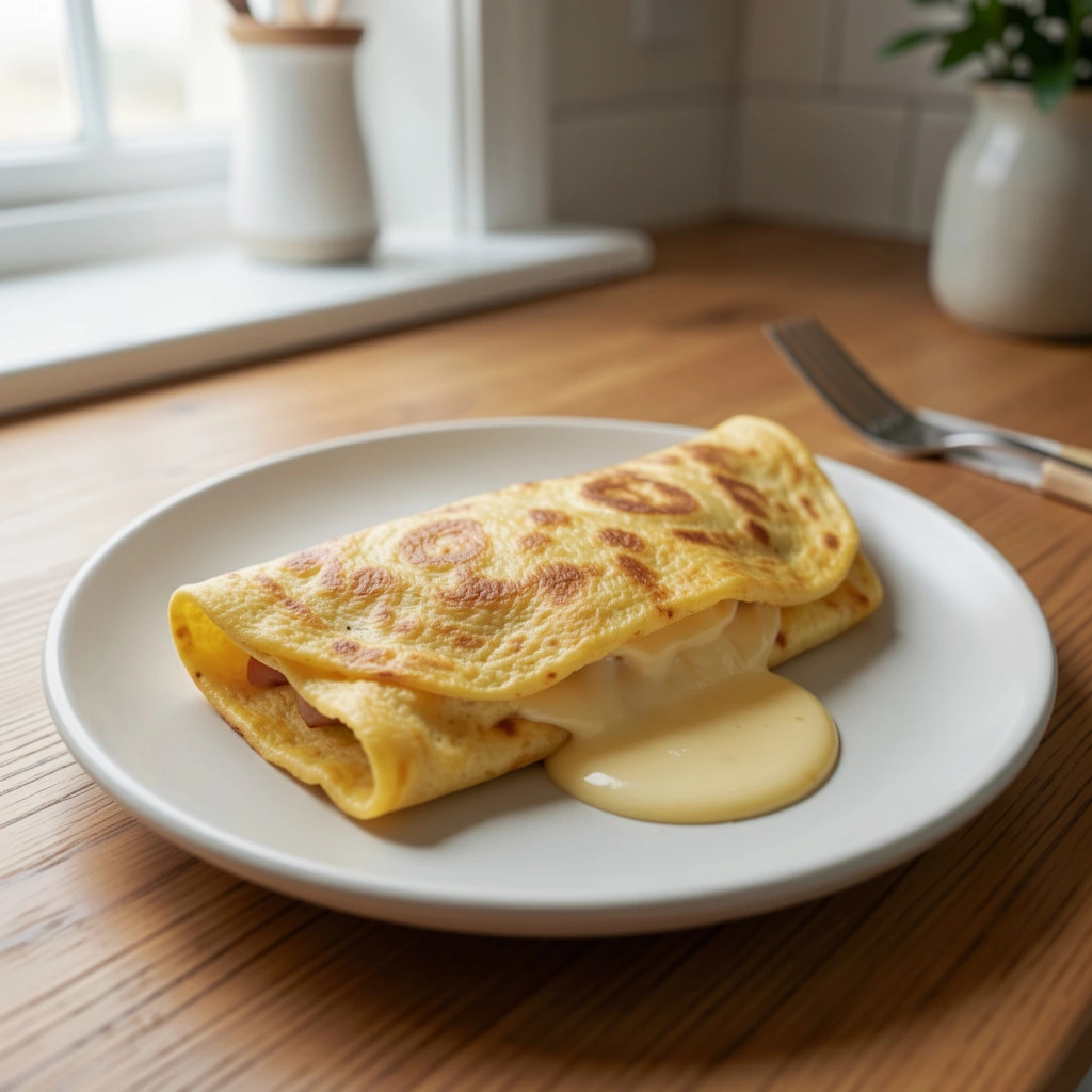Omelette au fromage fondant pliée dans une assiette