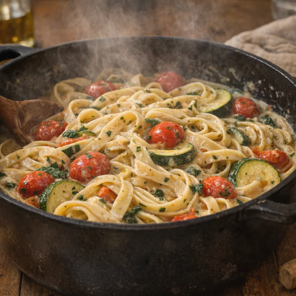 One pot pasta crémeux aux légumes et pâtes dans une casserole