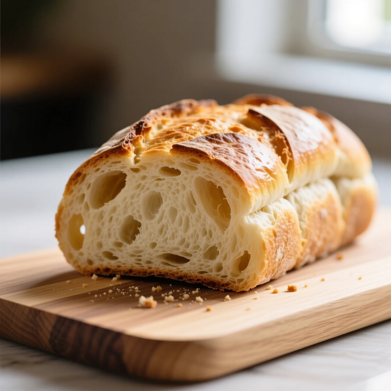 Pain viennois doré tranché avec mie moelleuse sur une planche