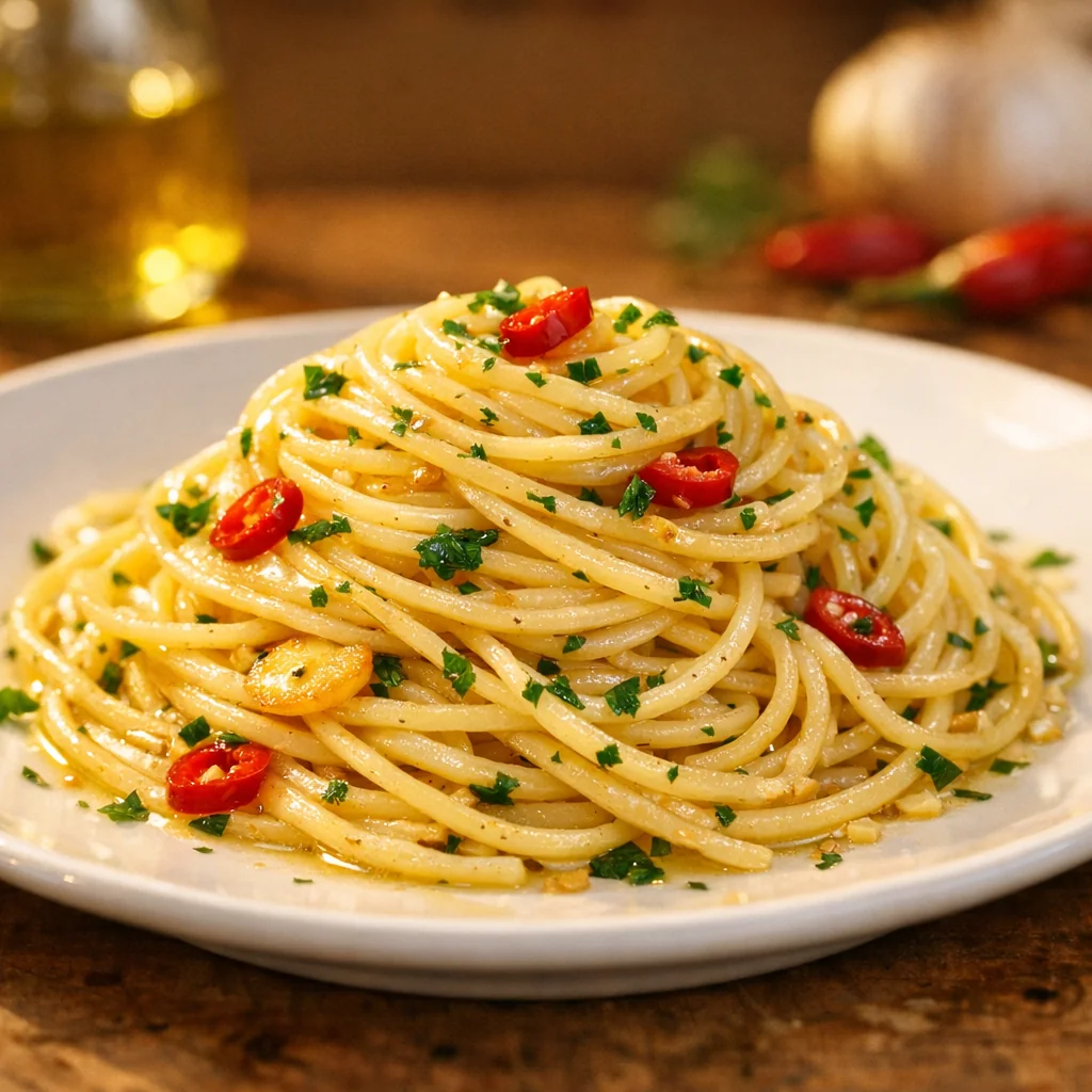 Spaghettis aglio e olio brillants à l’huile d’olive avec persil frais et ail doré
