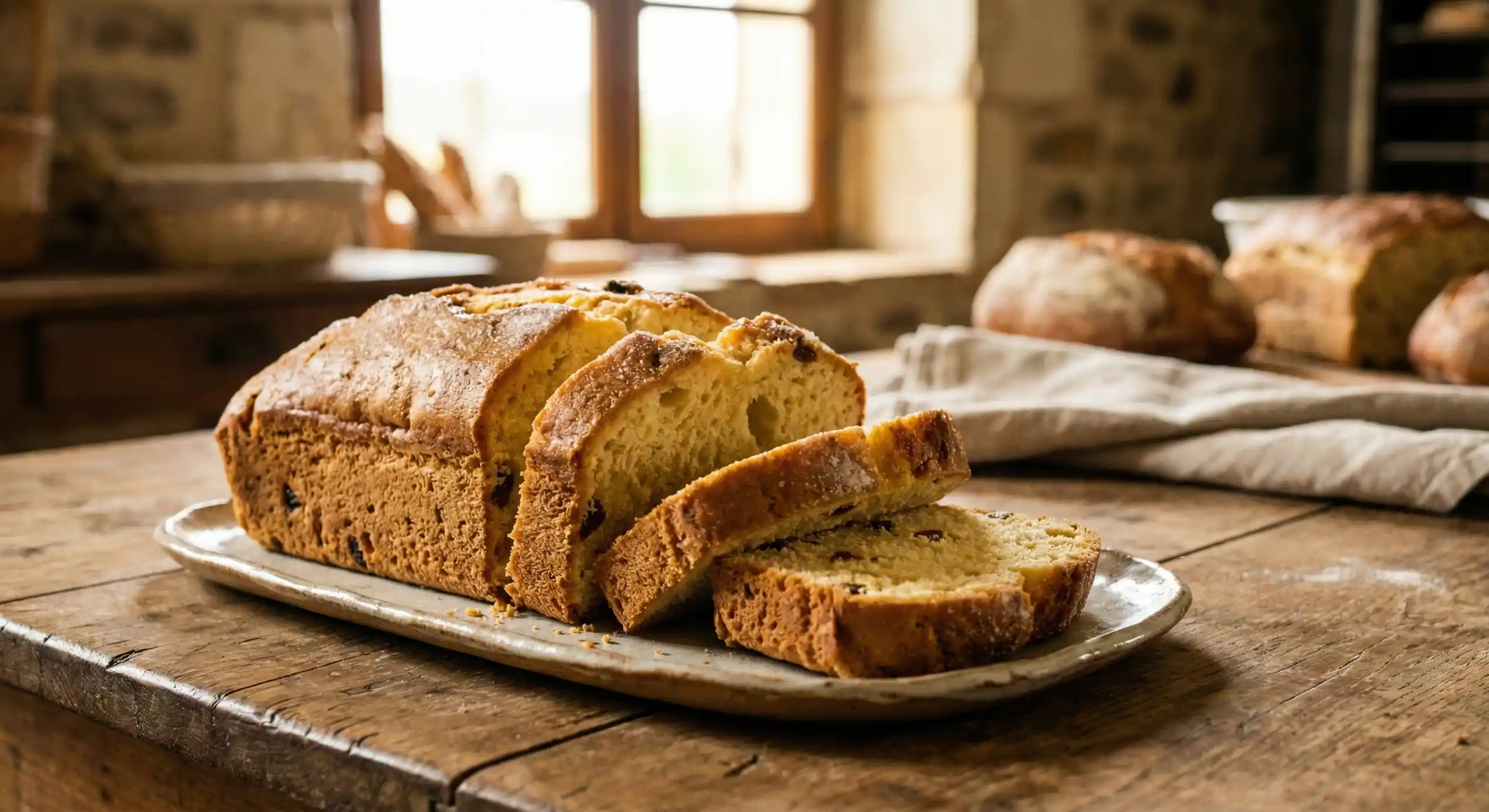 Pastis landais doré et moelleux tranché en parts sur un plat