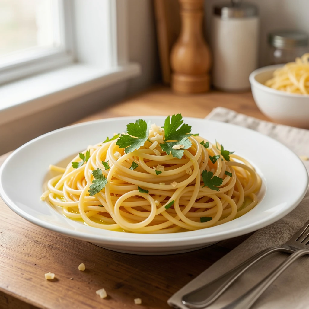 Pâtes à l’ail et huile avec persil frais dans une assiette