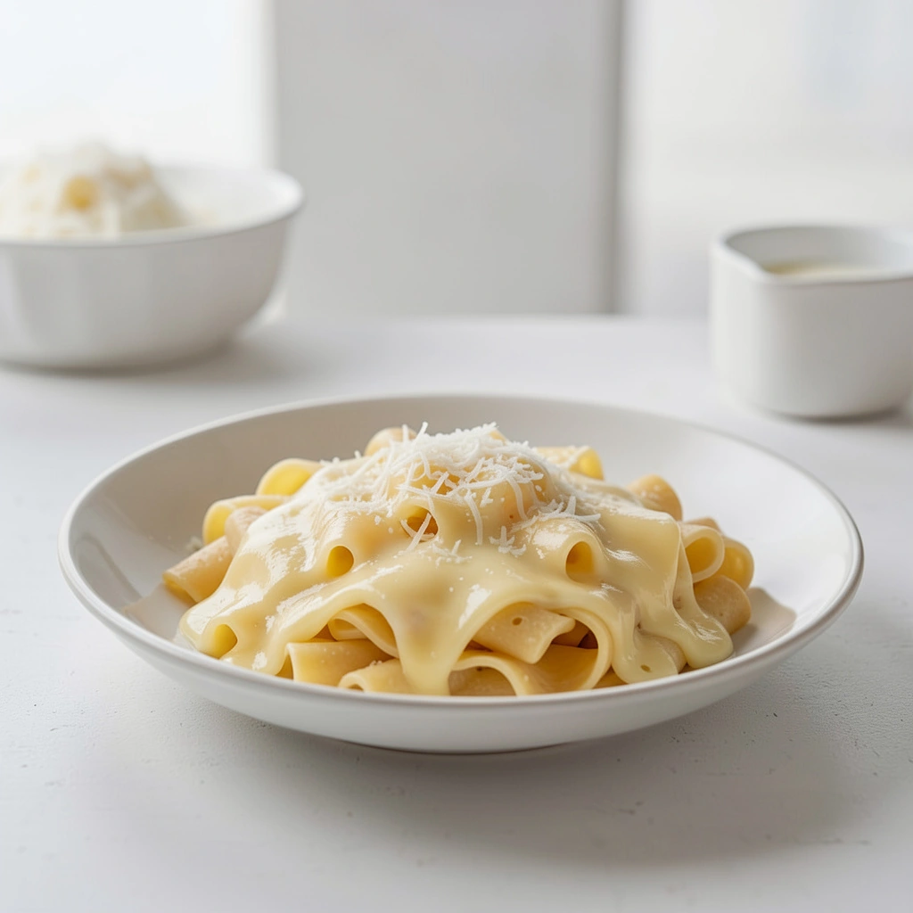 Pâtes au beurre et parmesan fondant dans une assiette