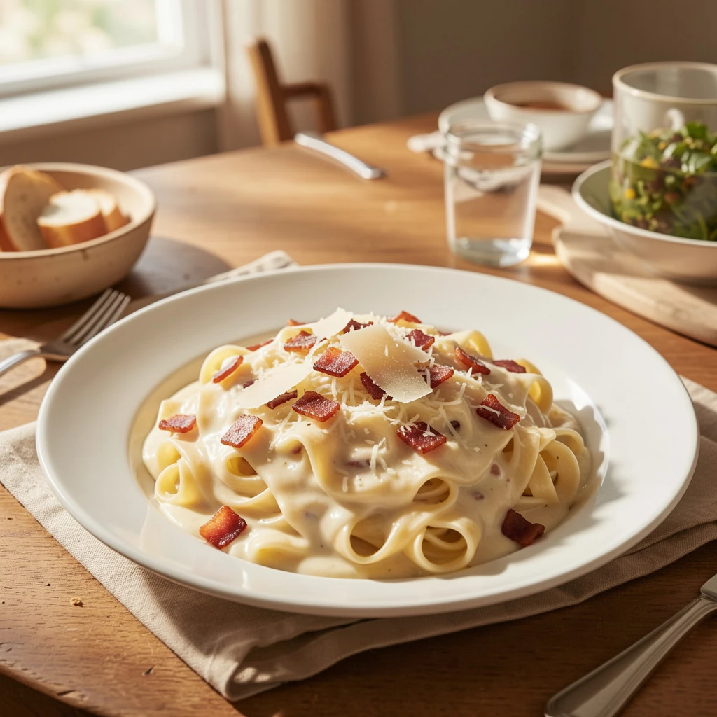 Pâtes crémeuses à la carbonara française avec lardons et parmesan