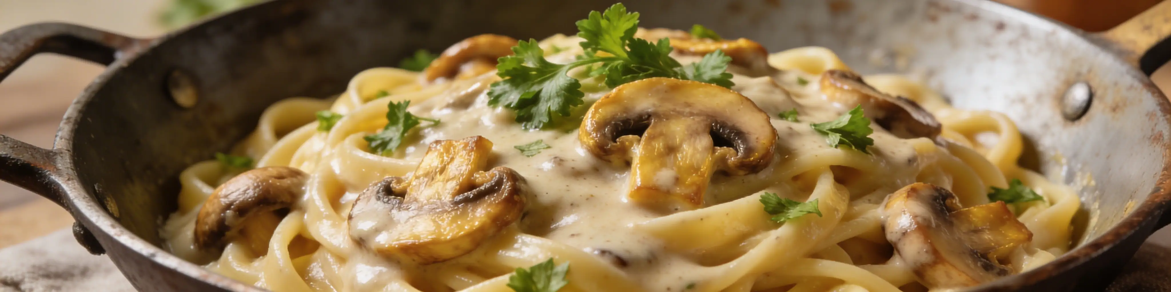 Pâtes crémeuses aux champignons dans une poêle avec persil