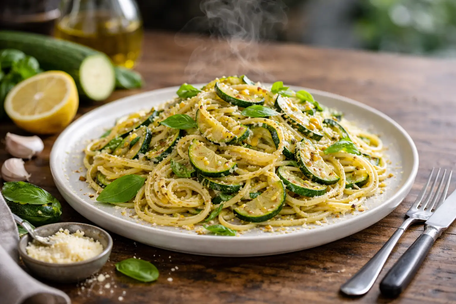 Tagliatelles fraîches maison à la courgette sur une assiette claire