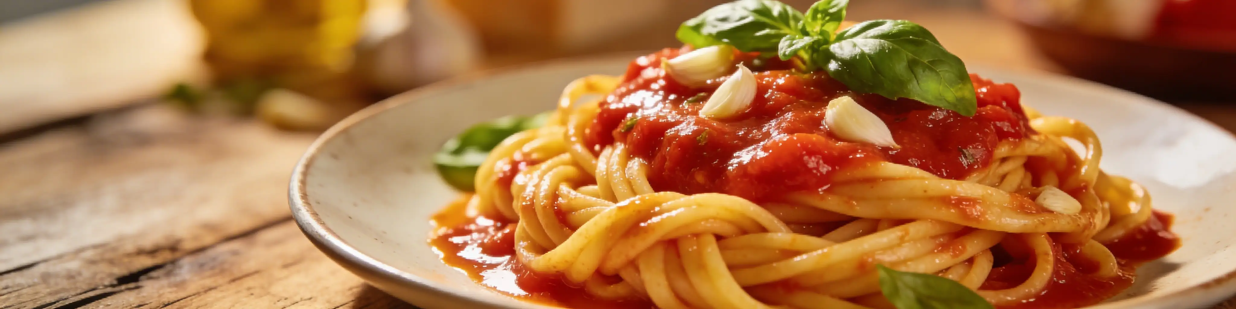 Pâtes à la sauce tomate et ail avec basilic frais