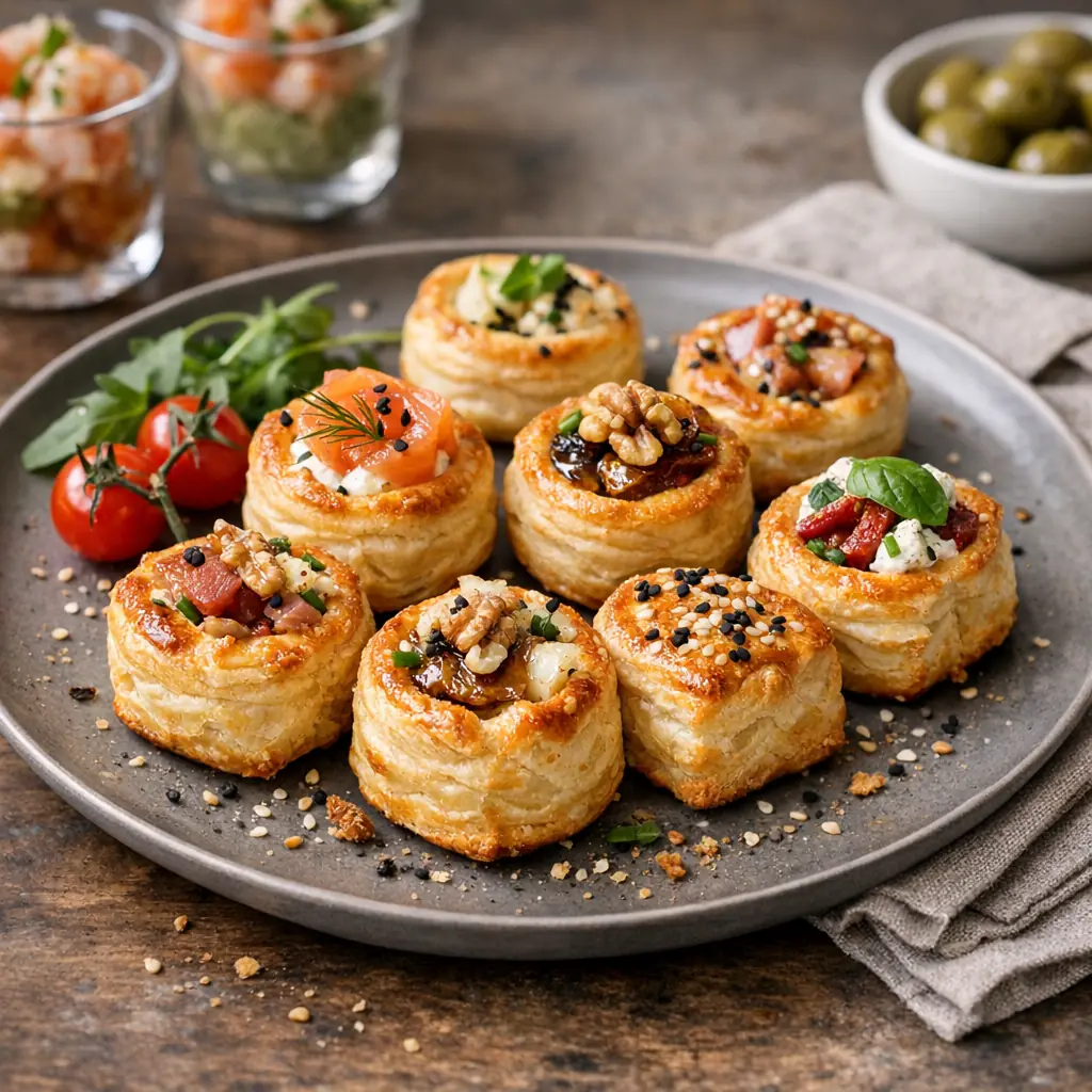 Petites bouchées feuilletées dorées servies pour un apéritif convivial