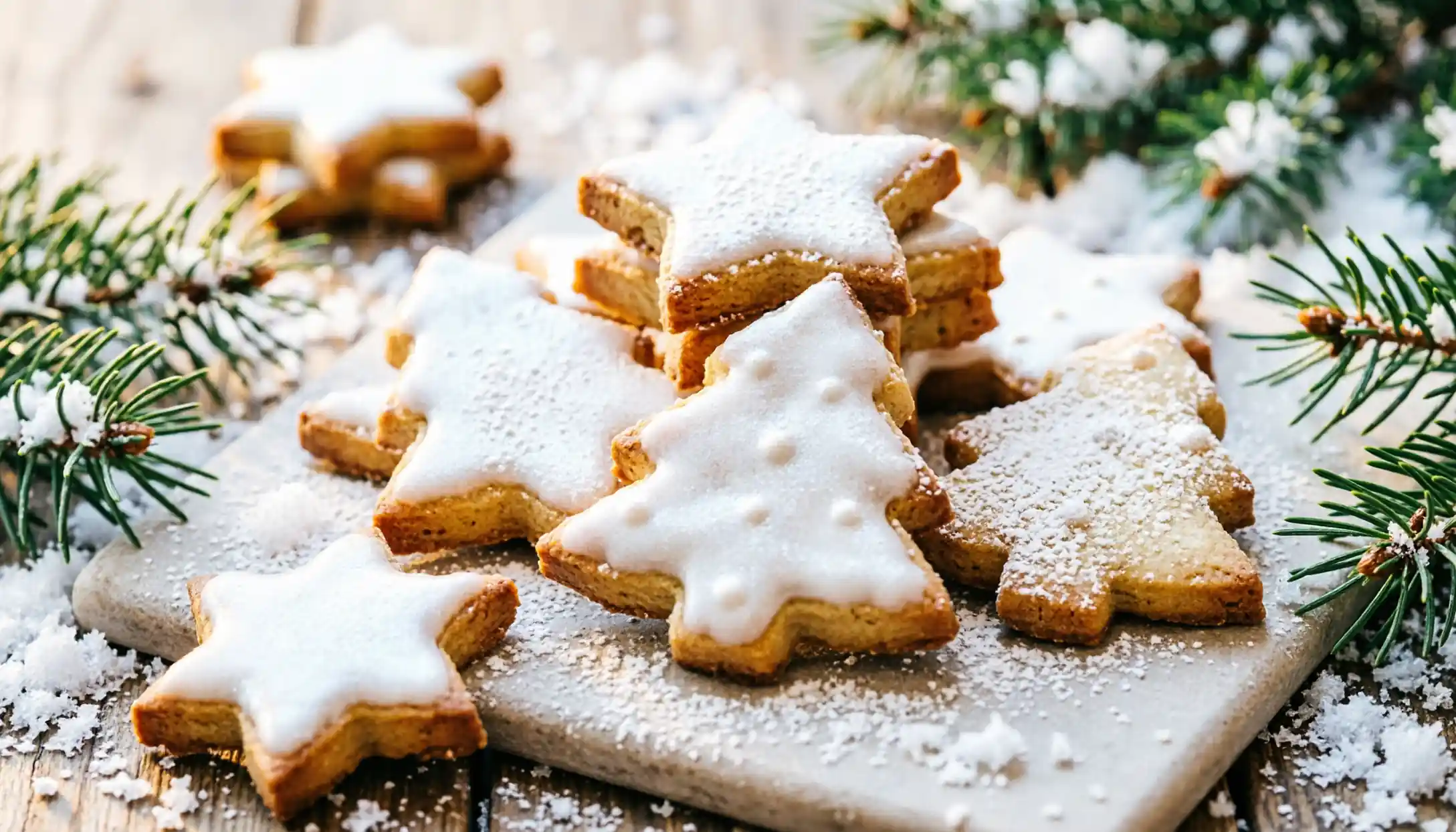 Sablés de Noël décorés et dorés sur une plaque festive