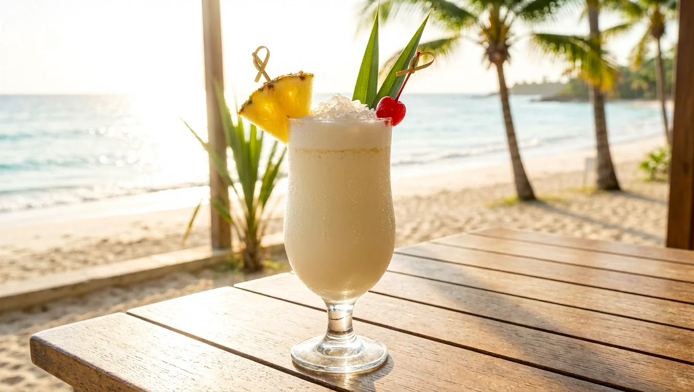 Piña colada glacée servie dans un verre avec ananas et décoration tropicale
