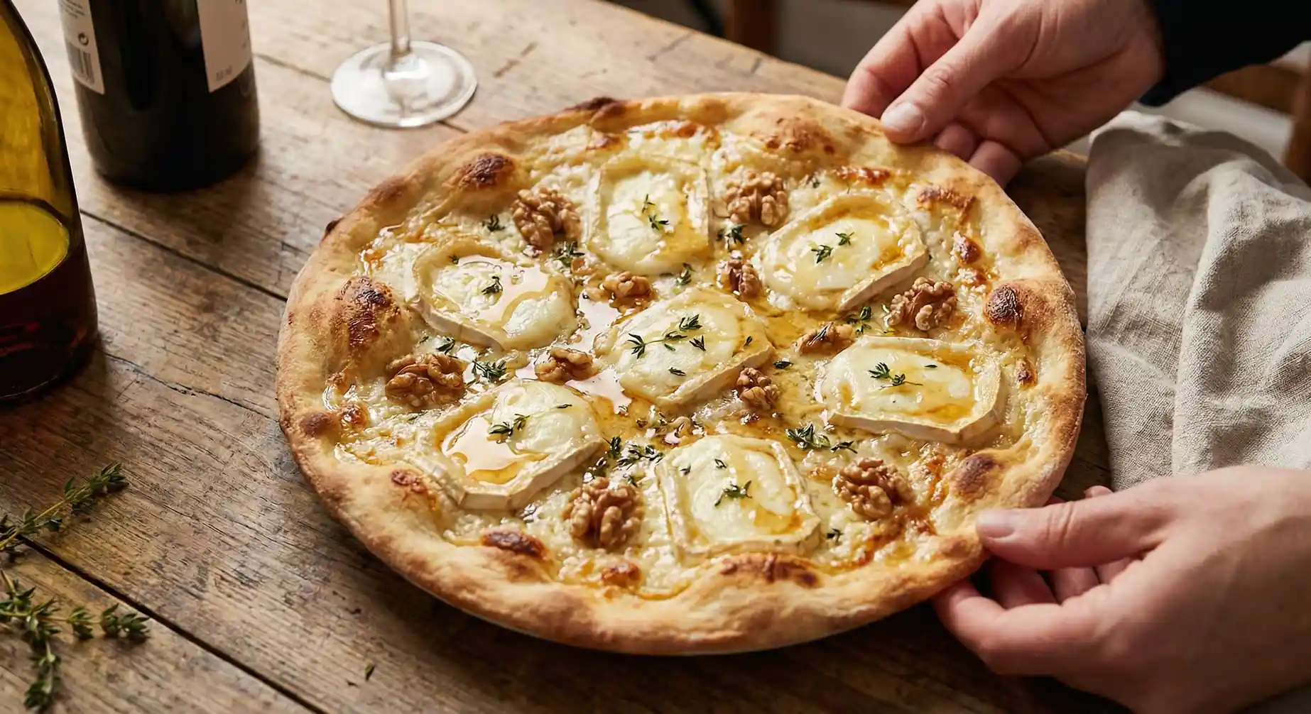 Pizza chèvre miel dorée avec fromage fondant et filet de miel