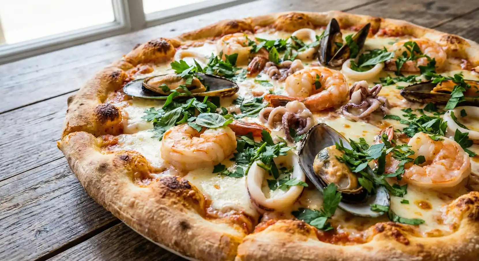 pizza aux fruits de mer garnie de persil basilic et herbes fraîches