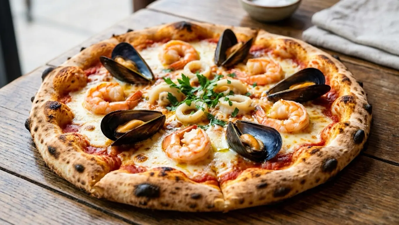 pizza aux fruits de mer avec crevettes moules et calamars