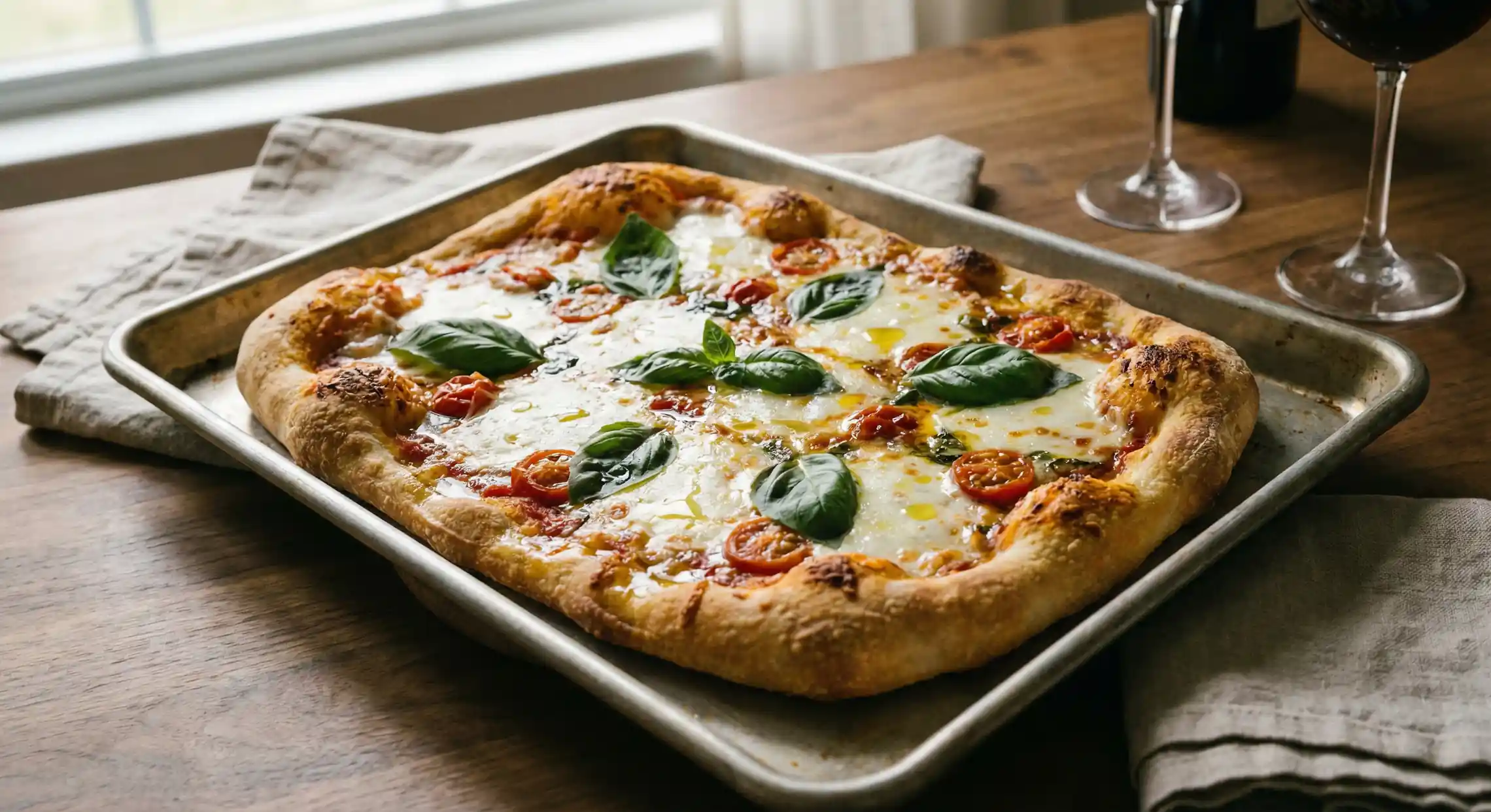 pizza maison croustillante avec mozzarella et basilic