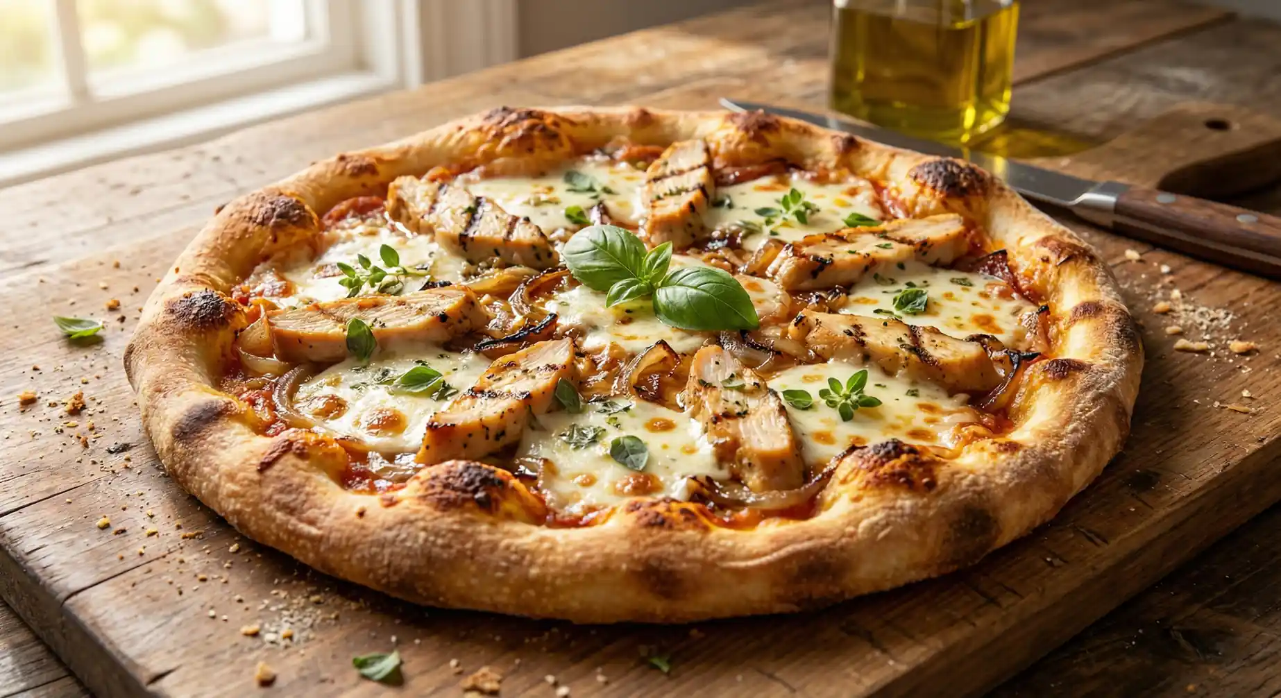 pizza au poulet avec fromage fondu et herbes