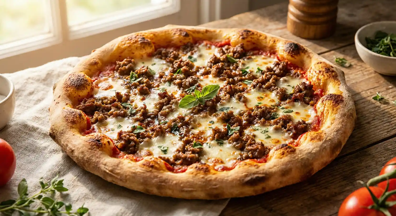 pizza à la viande hachée avec fromage fondu et sauce tomate