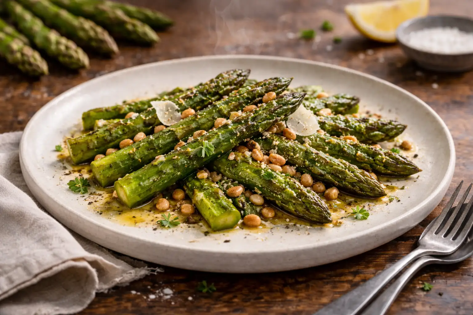 Poêlée d’asperges vertes aux pignons servie avec citron et herbes fraîches