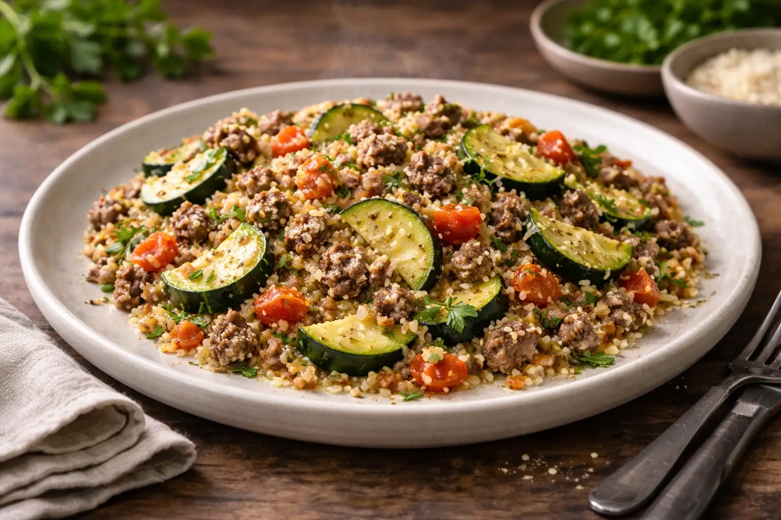 Poêlée de boulgour à la courgette et au bœuf haché