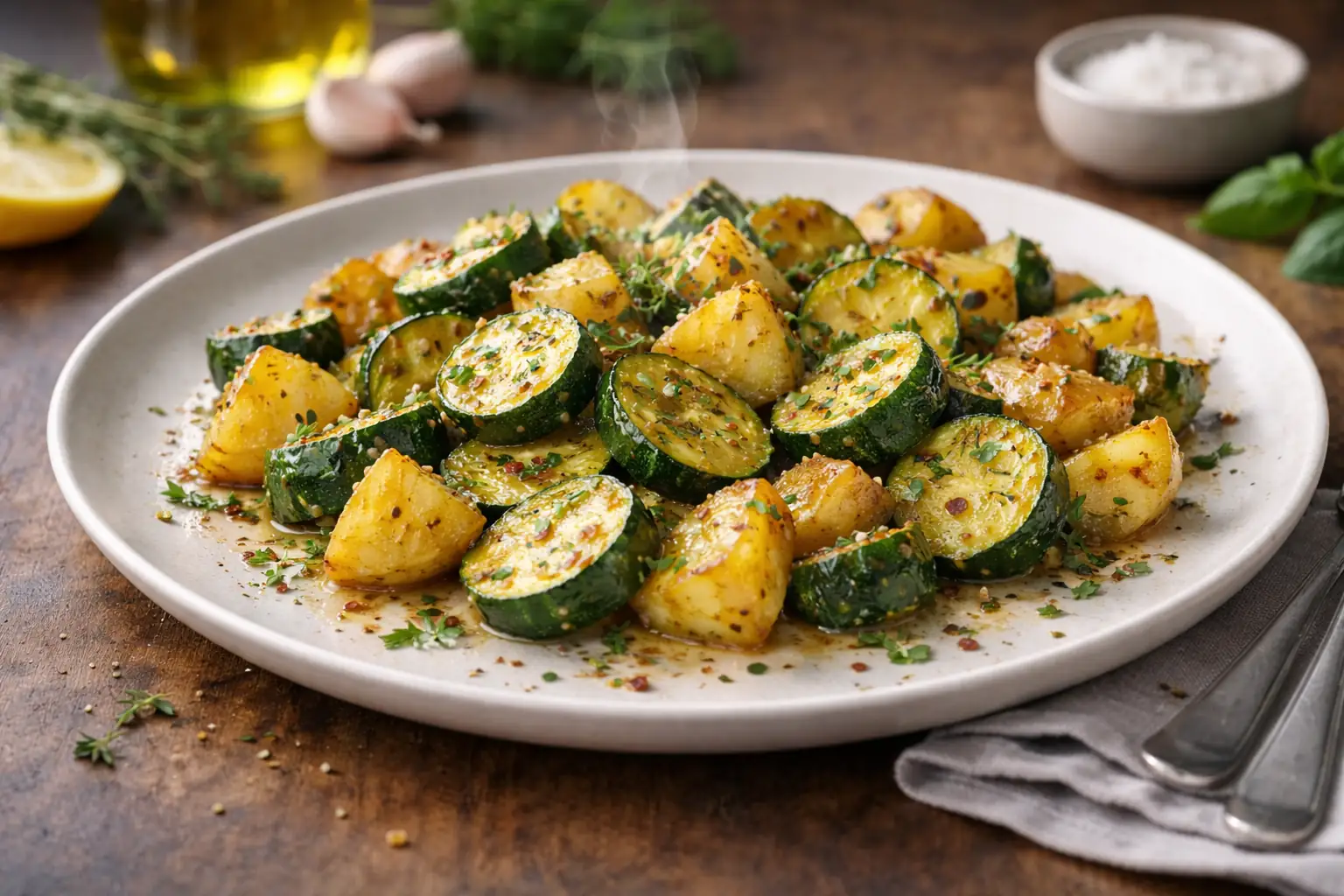 Poêlée dorée de pommes de terre et courgettes dans une sauteuse