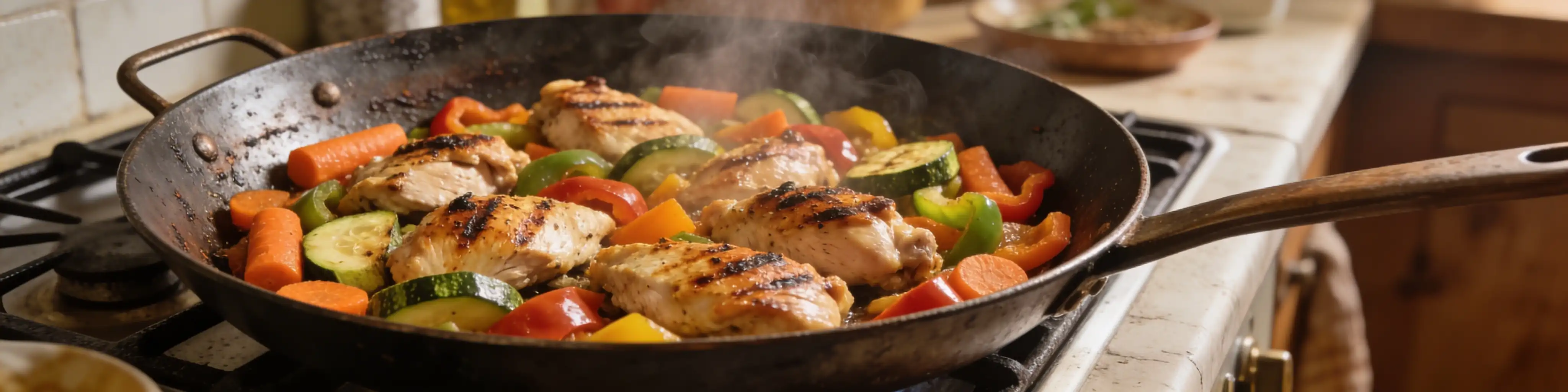 Poêlée de poulet avec légumes colorés dans une grande poêle