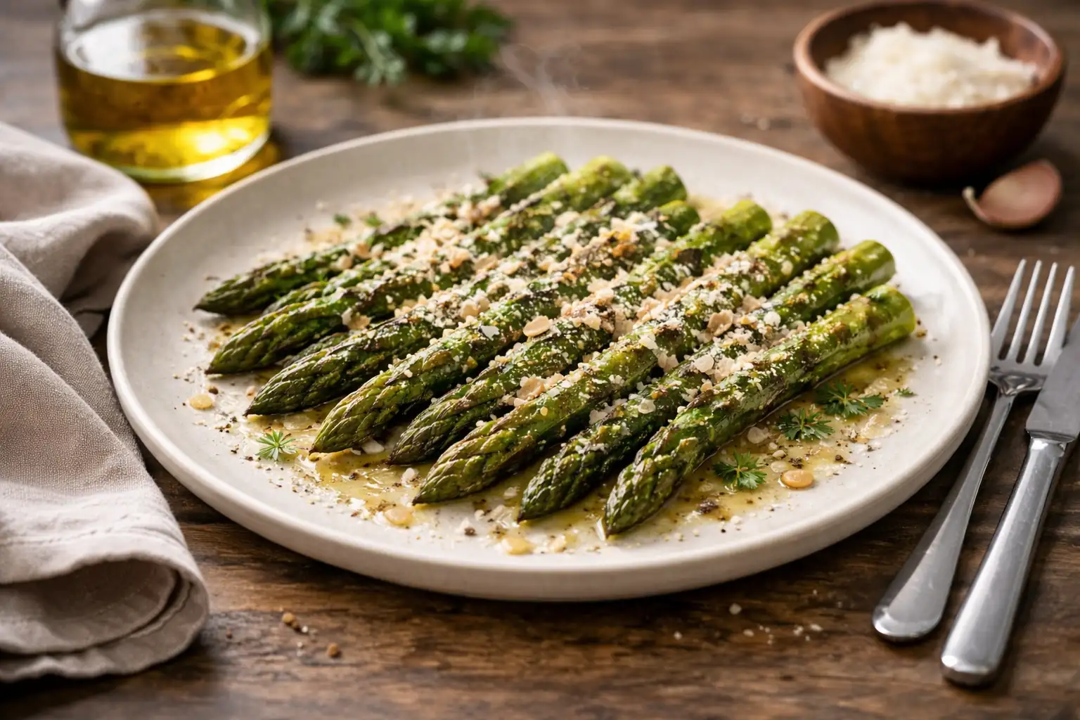 Pointes d’asperges vertes poêlées au Parmesan dans une assiette de service