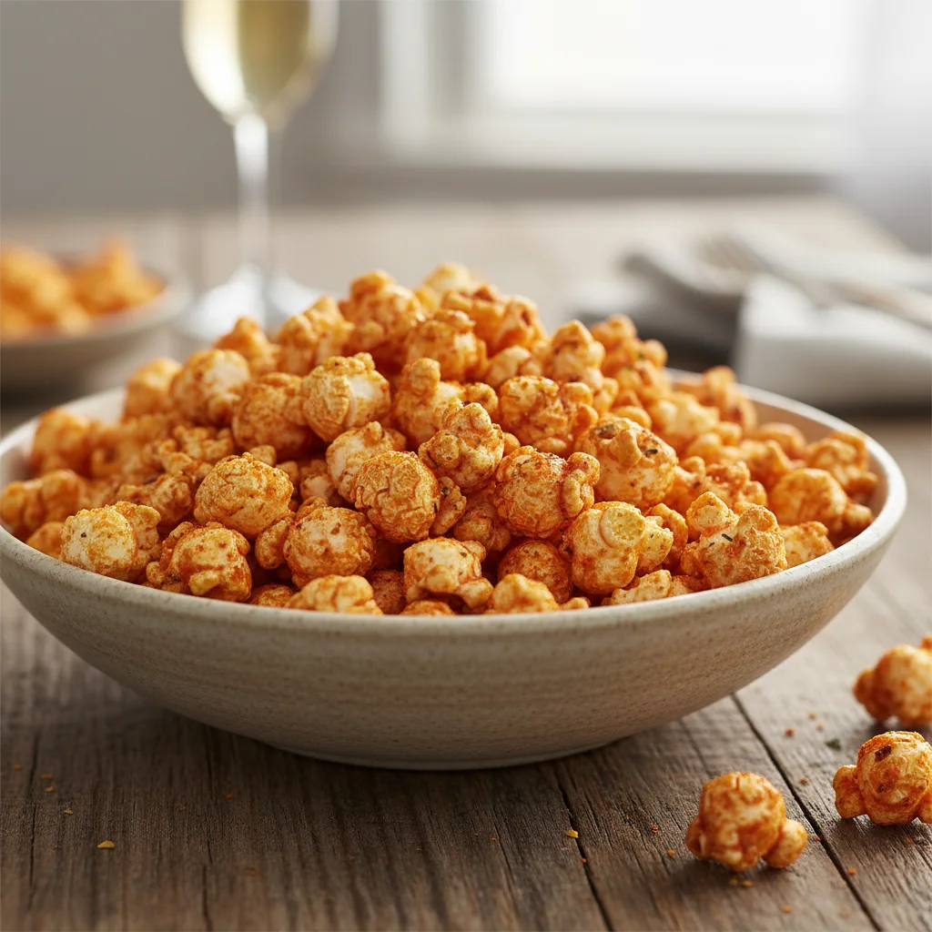 Bol de popcorn maison assaisonné à la tomate, rouge orangé, servi en apéritif