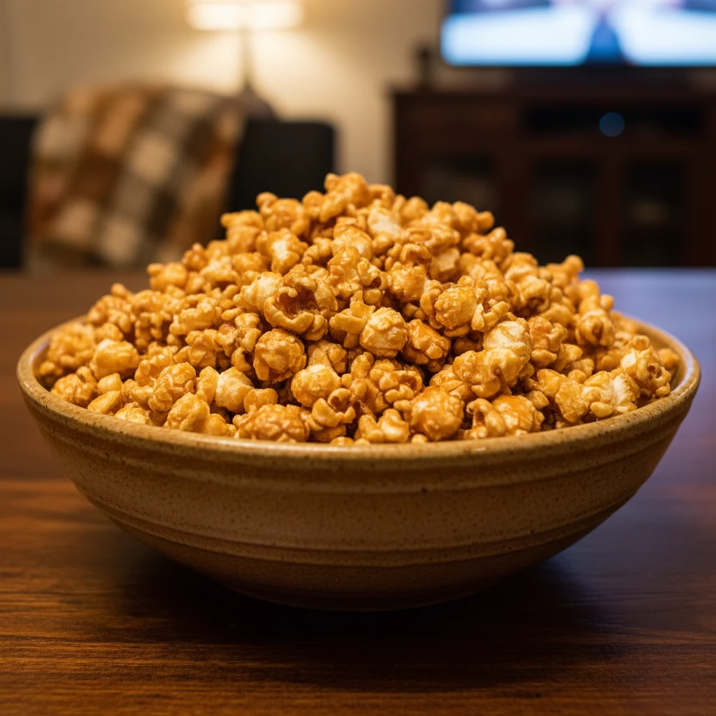 Bol de pop corn enrobé de caramel doré et brillant