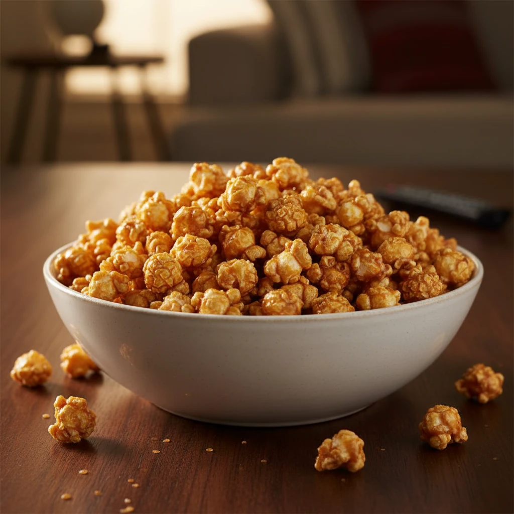 Bol de pop-corn caramélisé doré et brillant dans un saladier