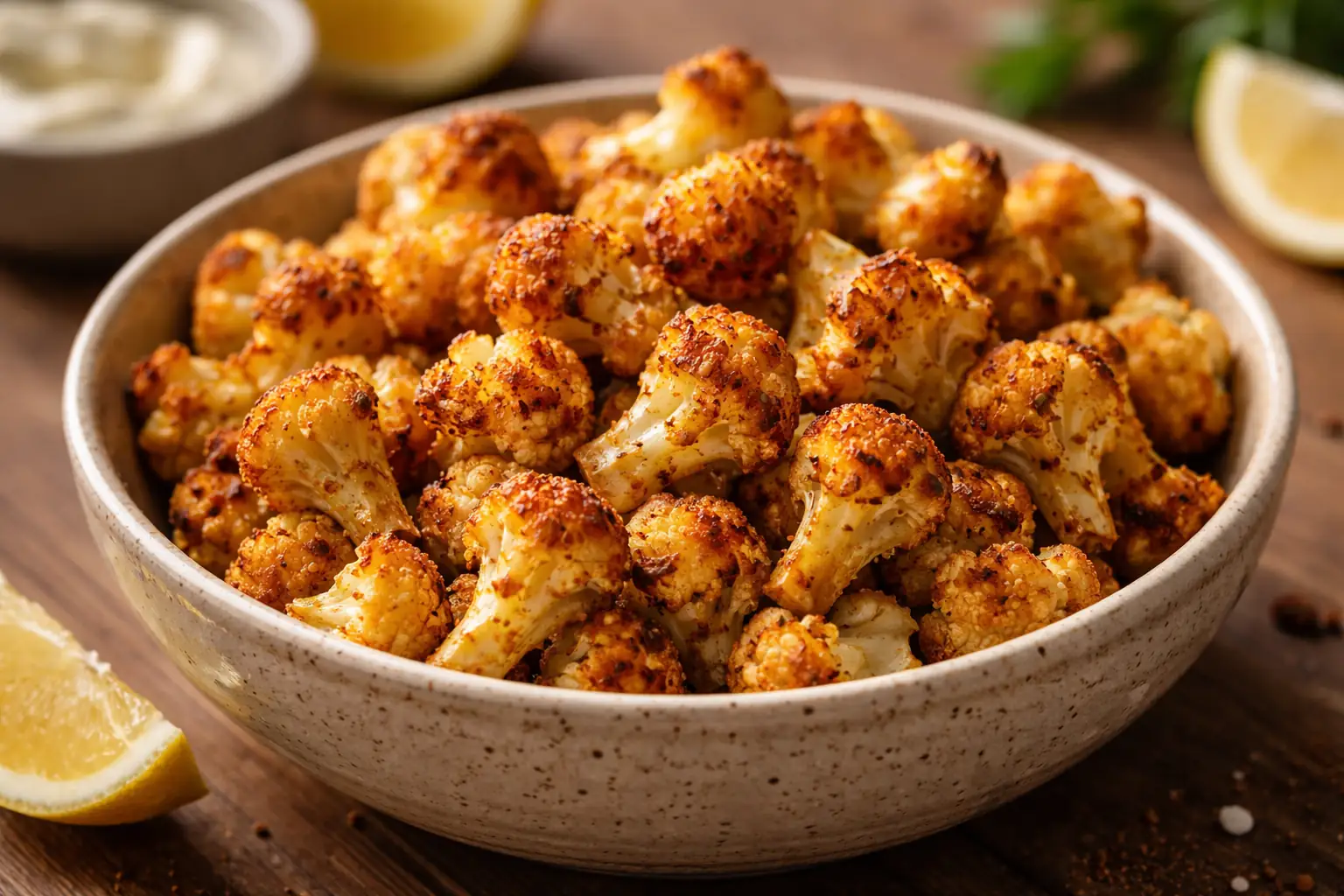 Bouchées de chou-fleur rôties et croustillantes façon popcorn, servies en bol apéritif