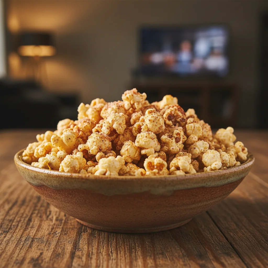 Bol de pop corn doré saupoudré d’épices et de sucre
