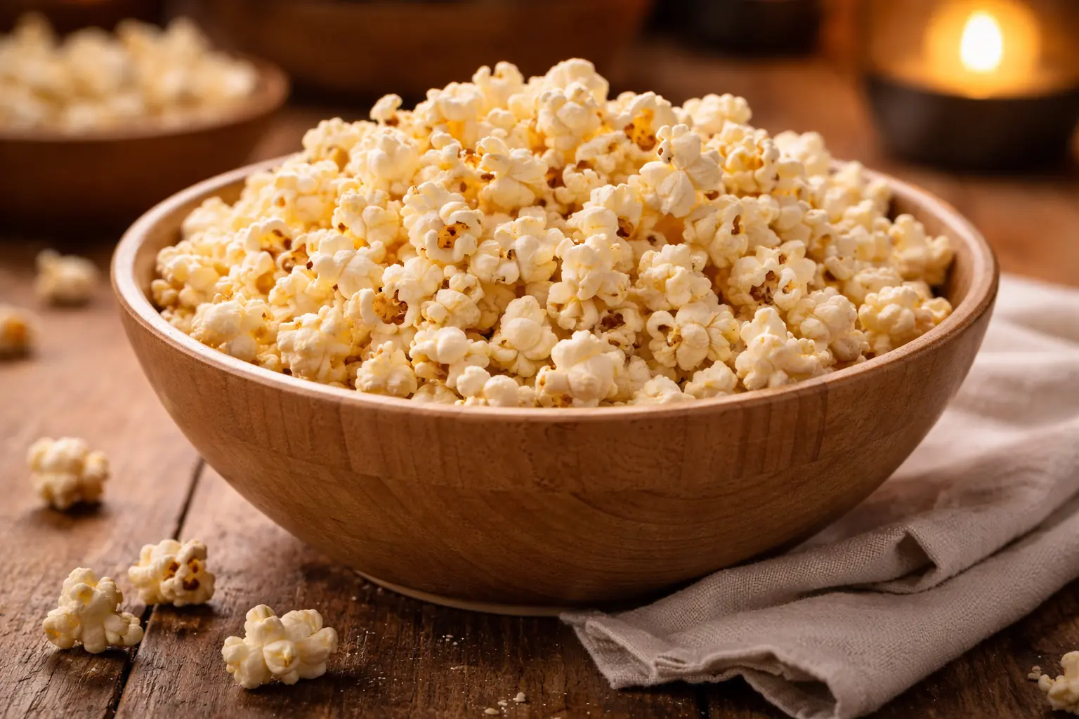 Popcorn maison croustillant dans un bol avec grains éclatés