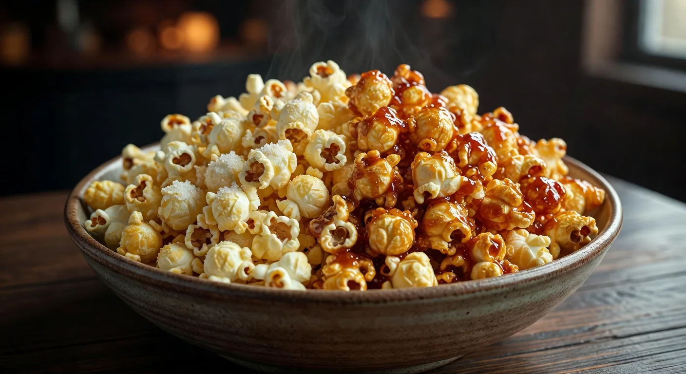 Bol de popcorn maison croustillant, moitié salé moitié sucré, servi pour une soirée cinéma