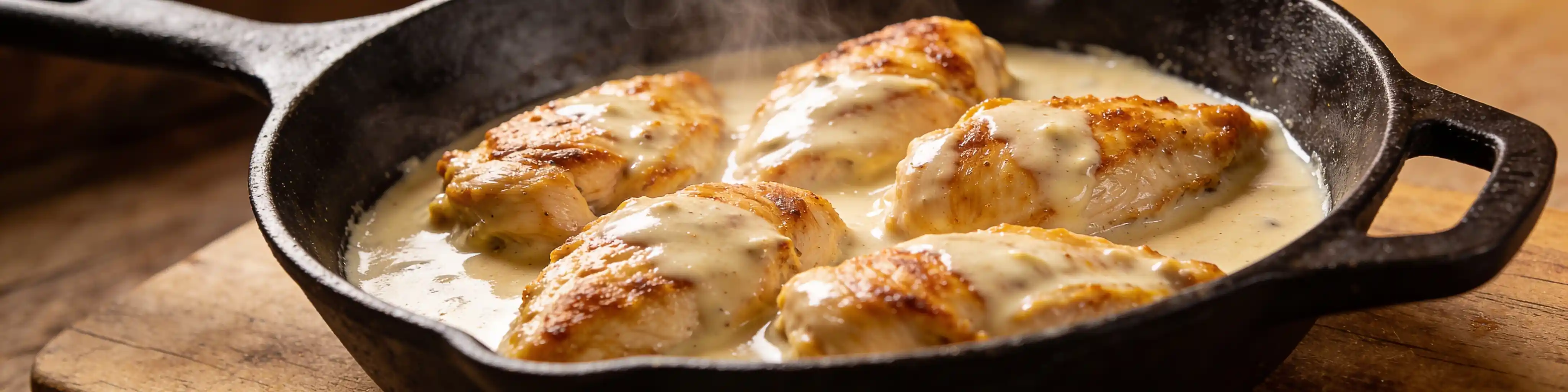 Morceaux de poulet nappés de sauce crème dans une poêle