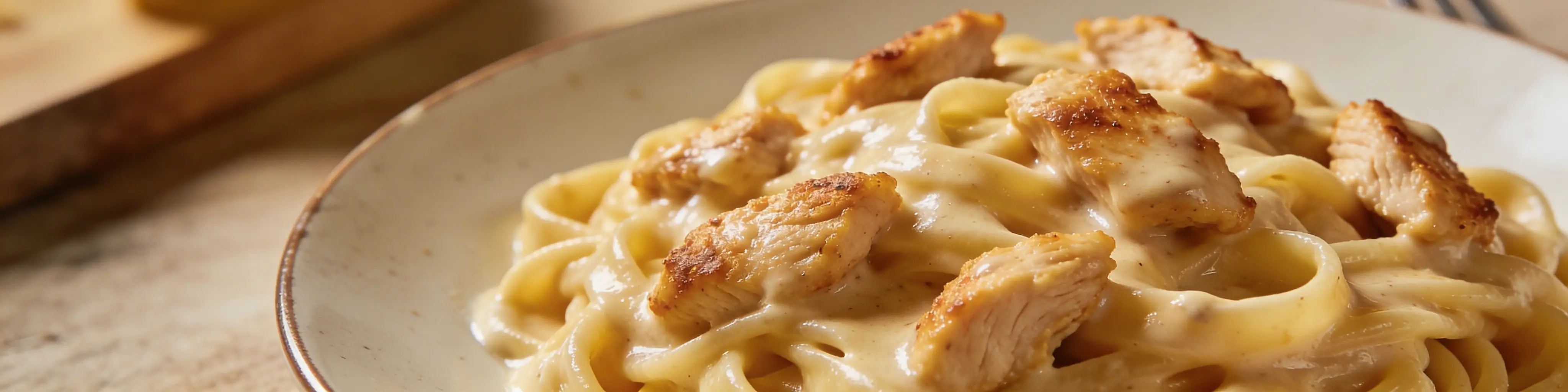 Pâtes au poulet et sauce crème dans une assiette