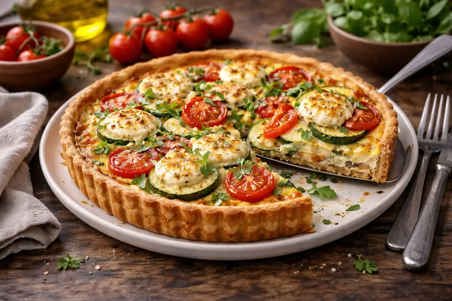Quiche à la tomate, à la courgette et au chèvre servie en part