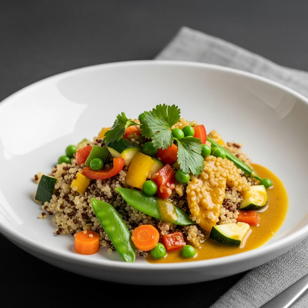 Quinoa aux légumes colorés et curry crémeux