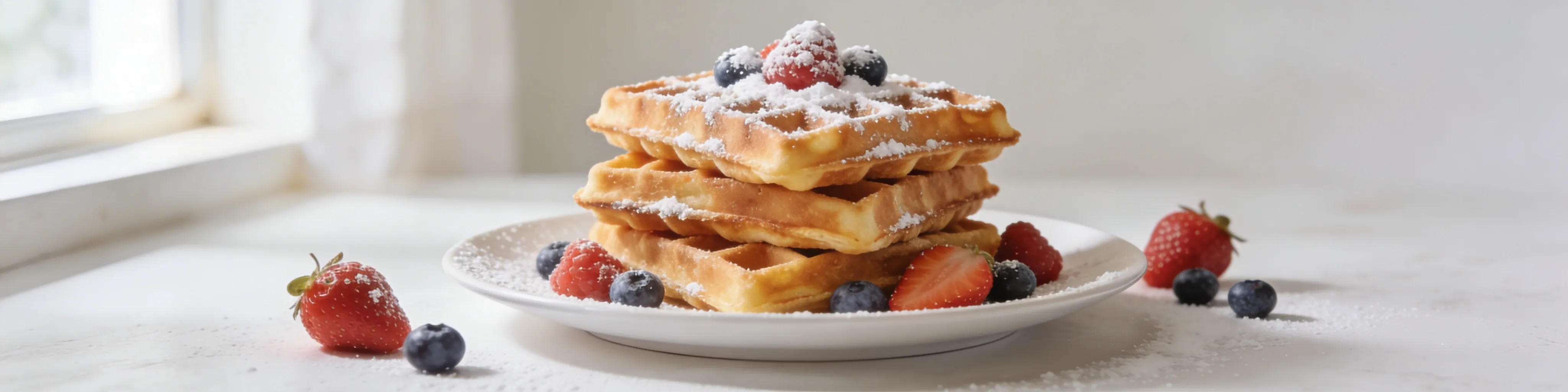 Gaufres dorées croustillantes empilées avec sucre glace et fruits