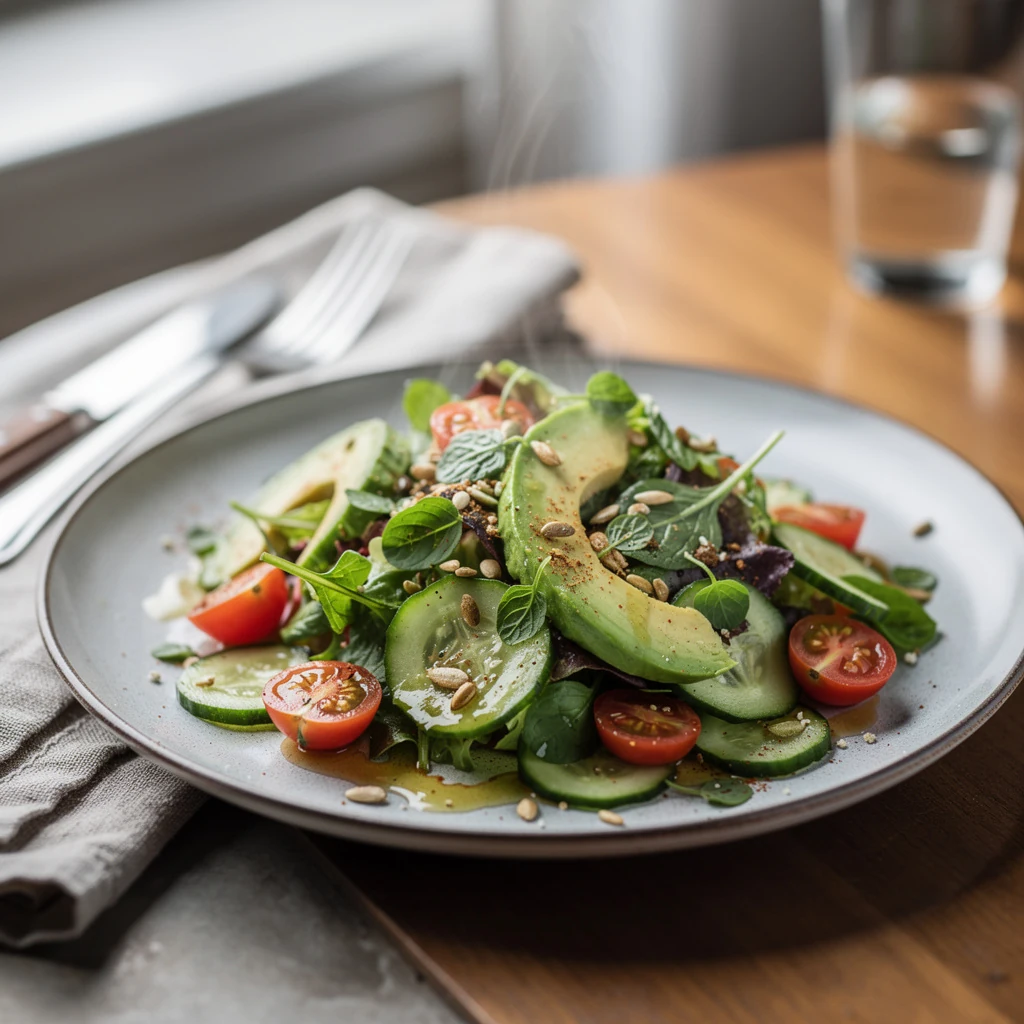 Salade verte fraîche avec vinaigrette maison dans un saladier