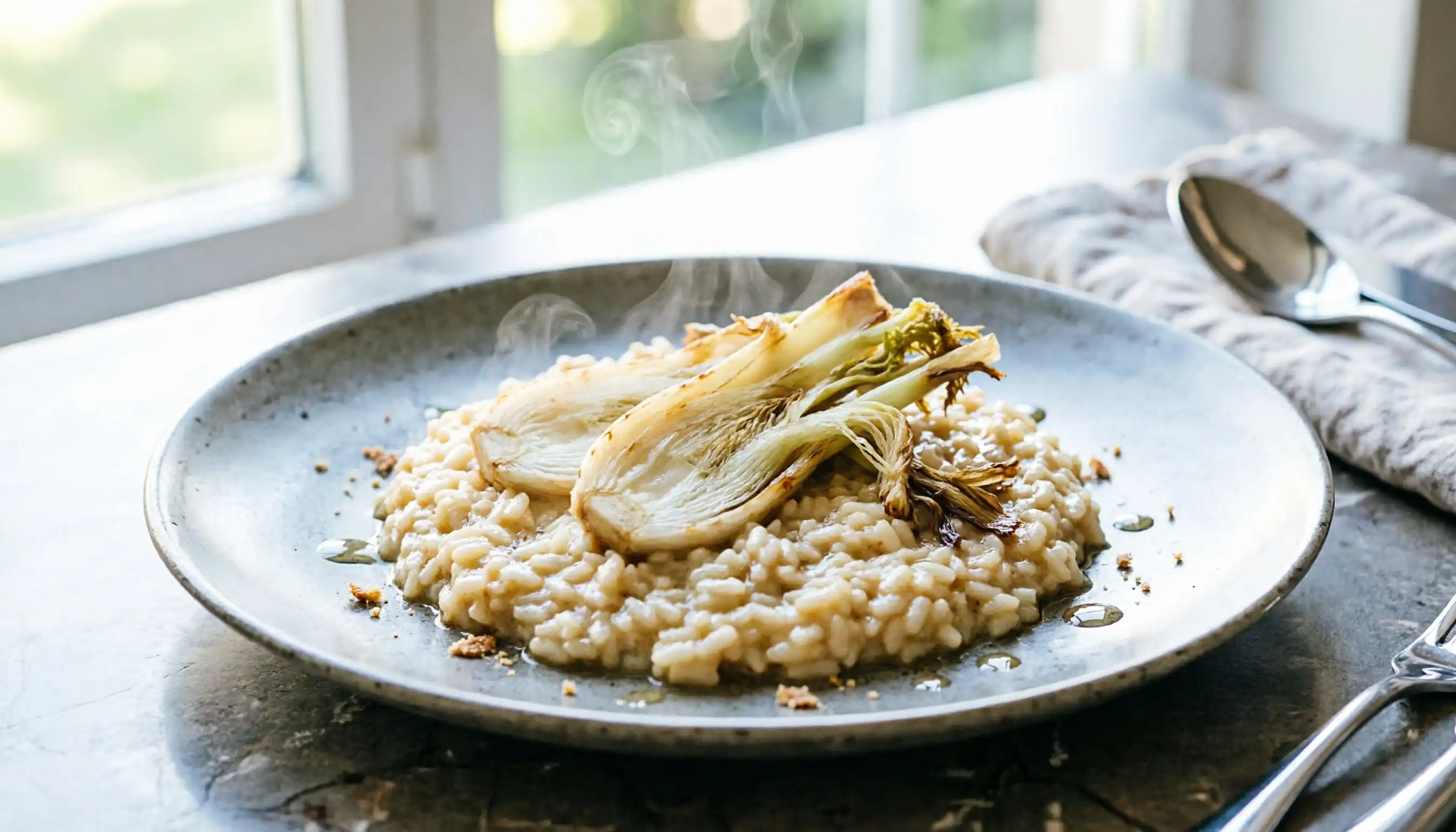Risotto crémeux au fenouil servi dans une assiette élégante